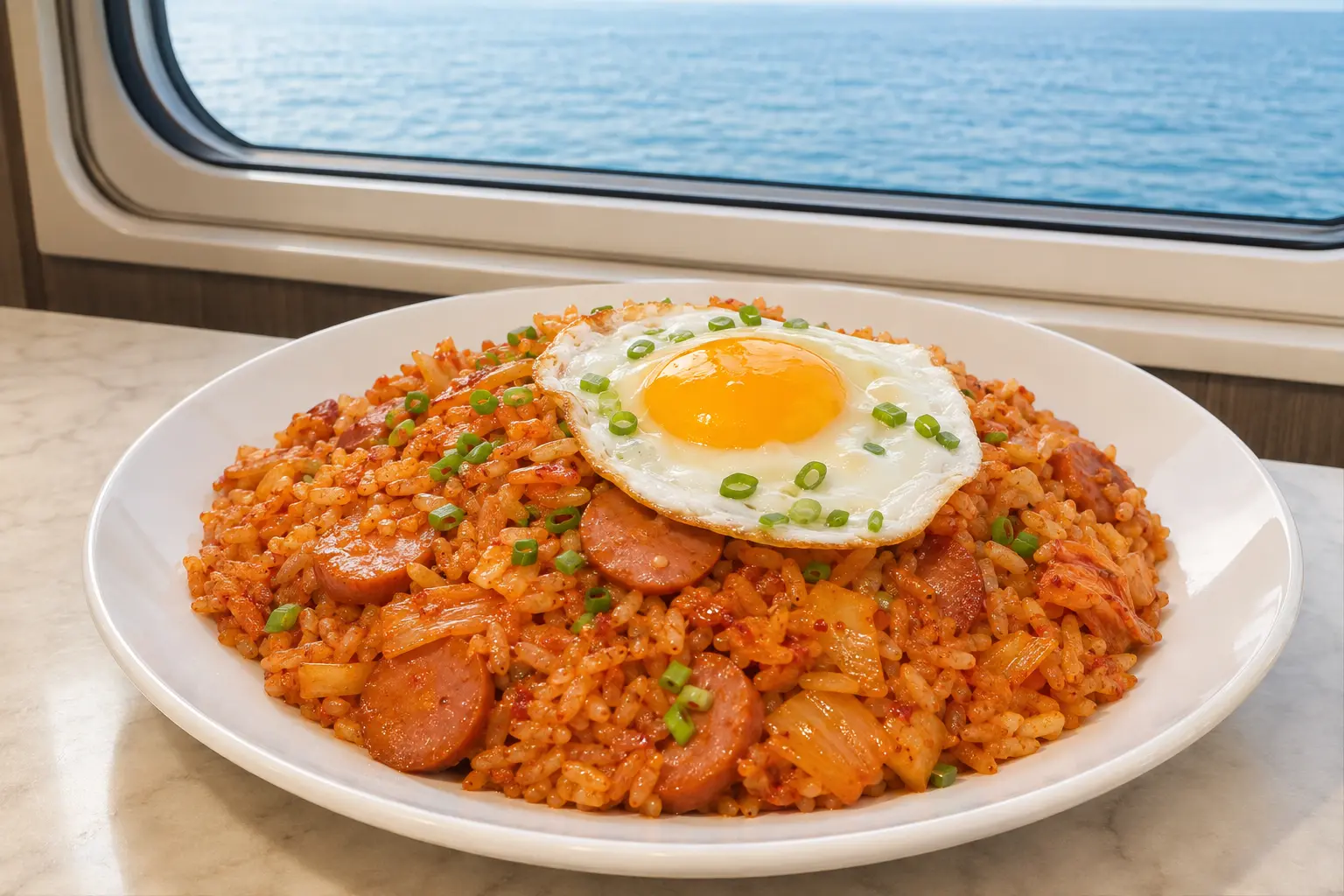 계란을 올린 김치소세지볶음밥 정식