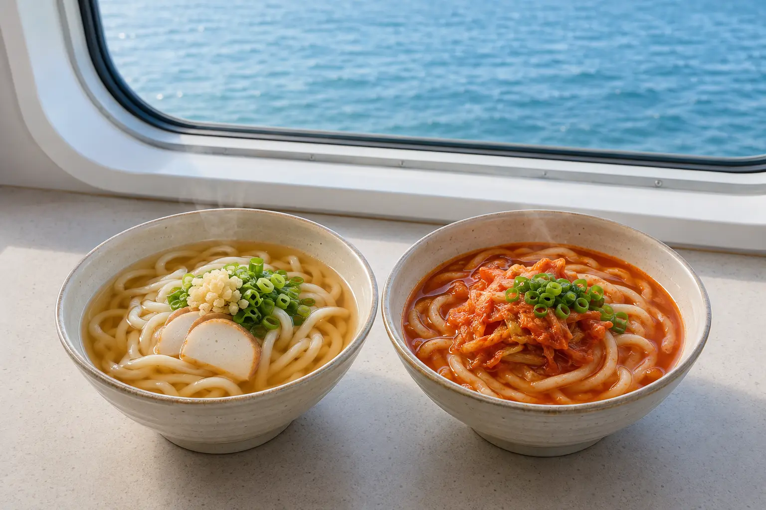 선박 창문과 바다가 보이는 우동과 김치우동
